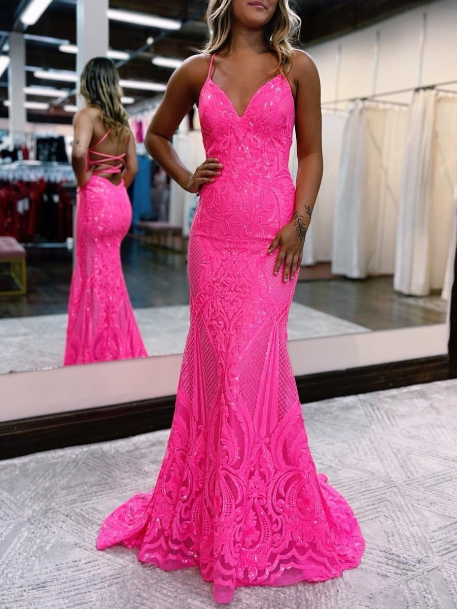 Spaghetti Straps Pink Glitter Backless Mermaid Bodycon Long Prom Dress