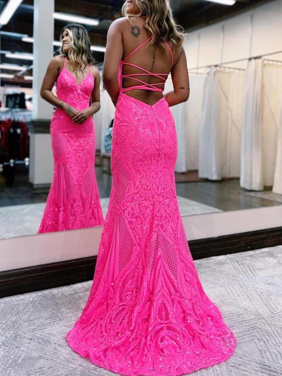 Spaghetti Straps Pink Glitter Backless Mermaid Bodycon Long Prom Dress