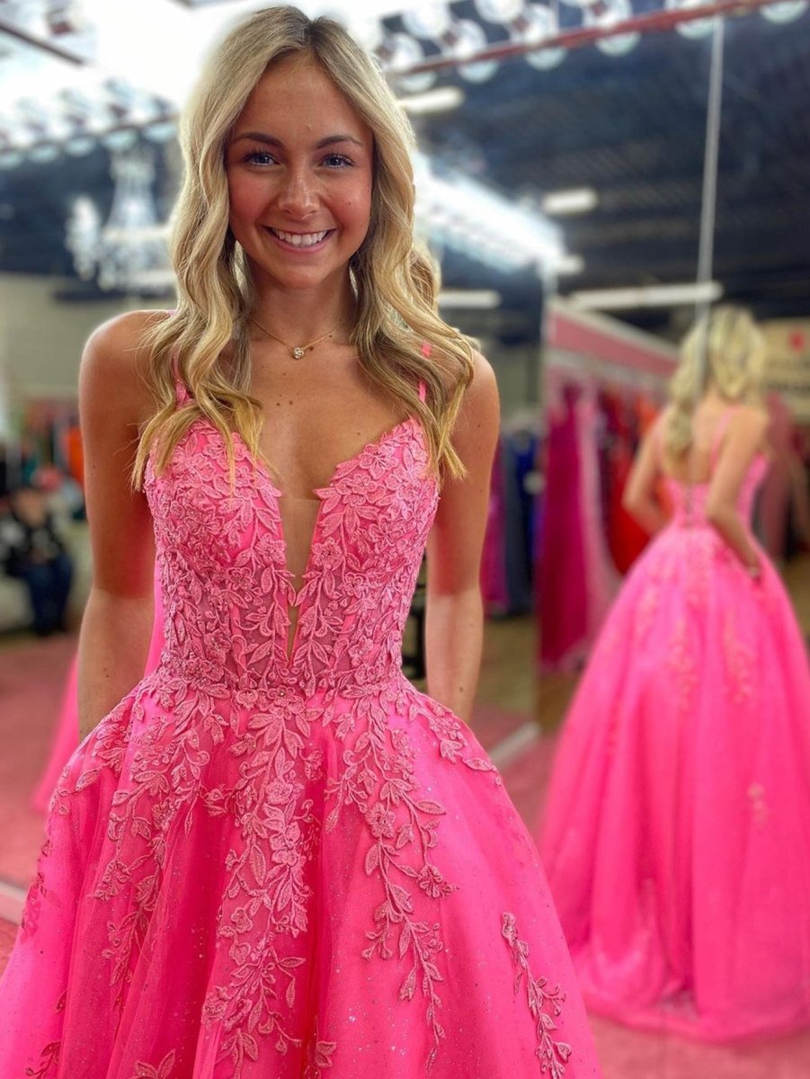 Spaghetti Straps Pink A Line Lace Long Prom Dress