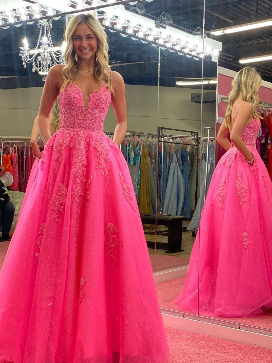 Spaghetti Straps Pink A Line Lace Long Prom Dress
