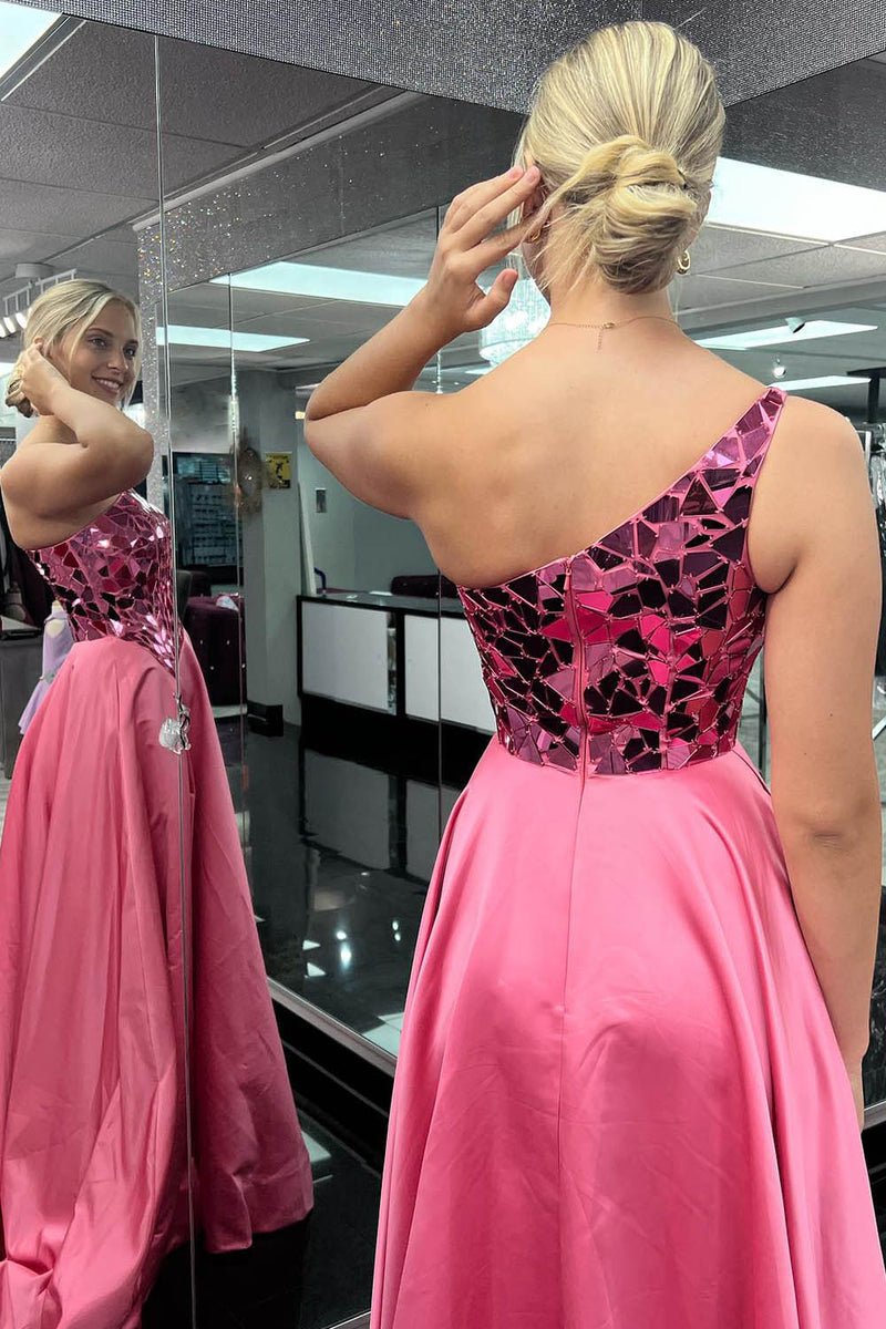 A Line One Shoulder Sequins Long Prom Dress with Slit