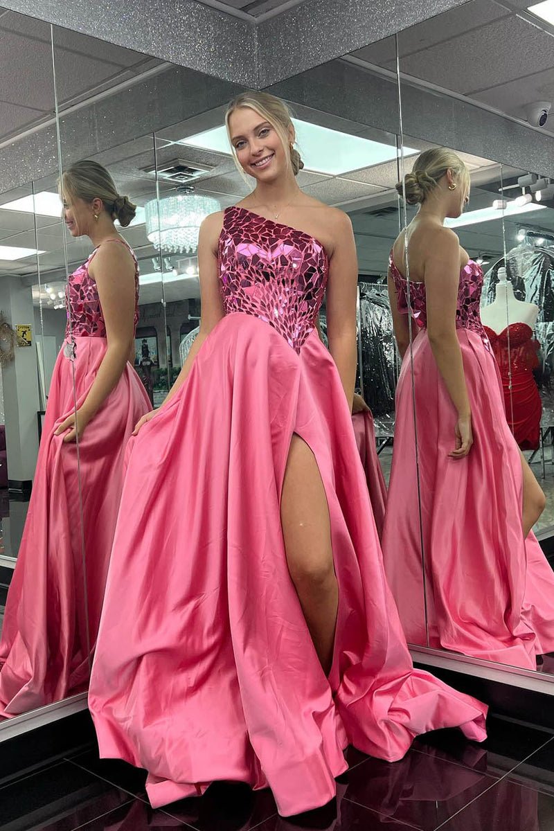 A Line One Shoulder Sequins Long Prom Dress with Slit