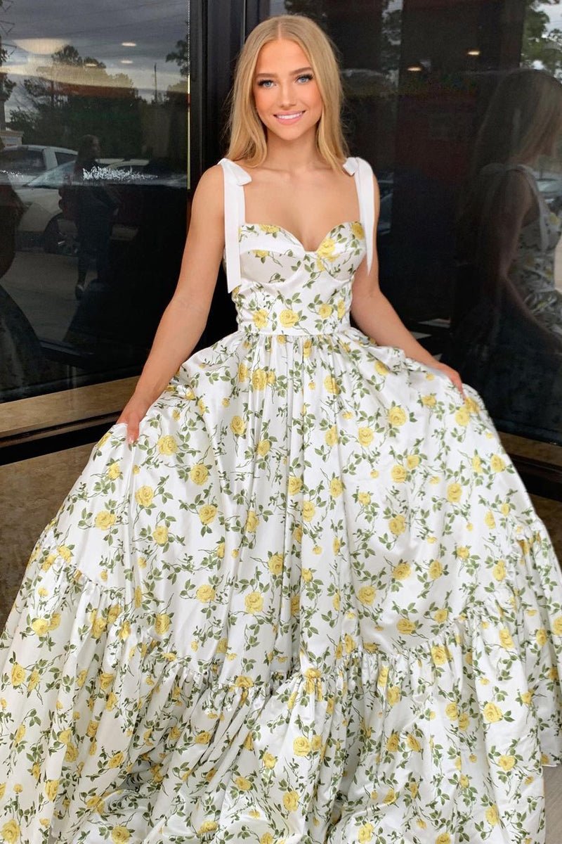 A-Line Spaghetti Straps Floral Printed Satin Long Prom Dresses