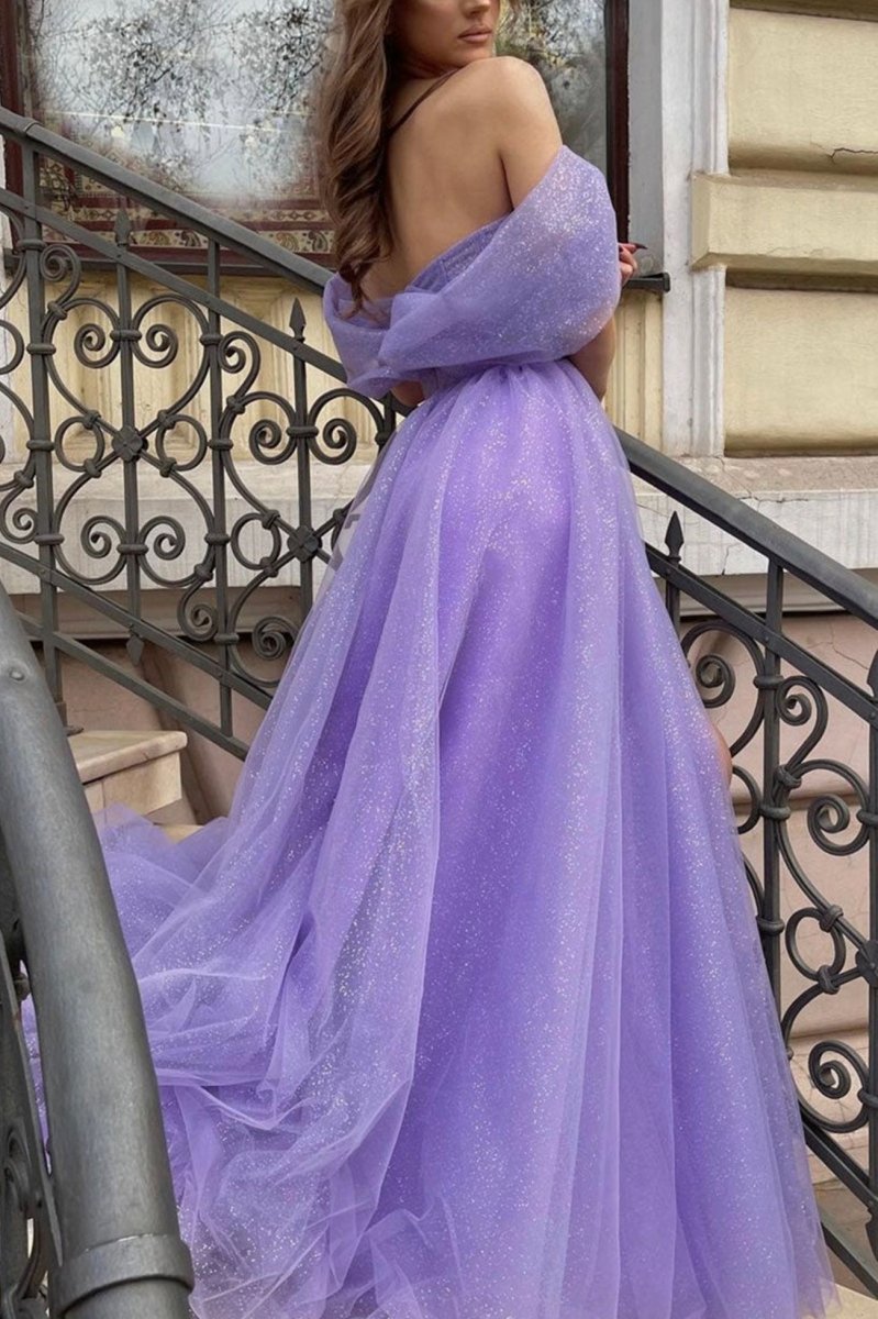 Purple Tulle Long A-Line Prom Dress Off the Shoulder Evening Party Dress