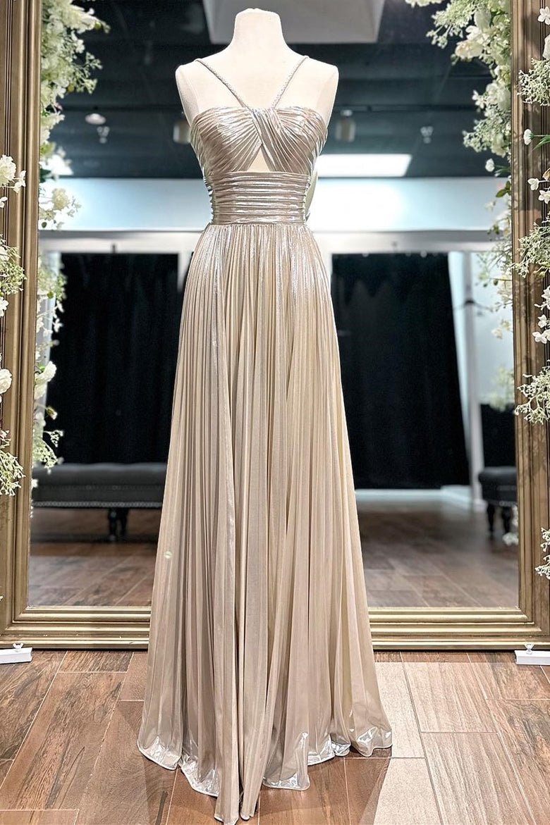 Metallic Keyhole Spaghetti Strap Long Prom Dress with Slit
