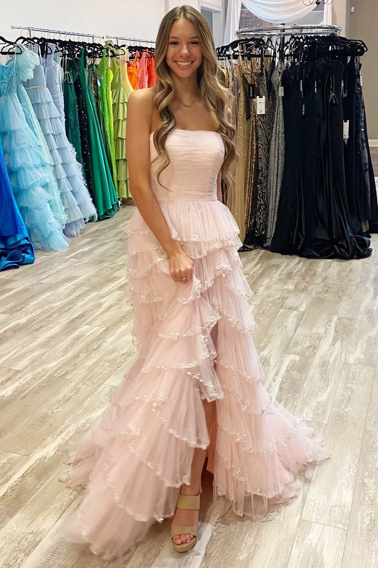 Sky Blue Strapless Layered Tulle Prom Dress with Sequins