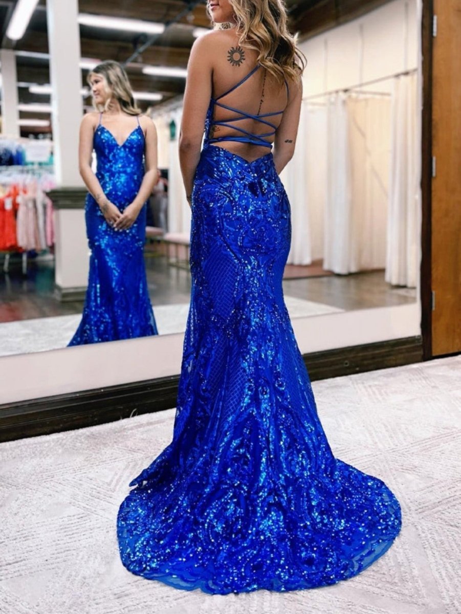 Spaghetti Straps Pink Glitter Backless Mermaid Bodycon Long Prom Dress