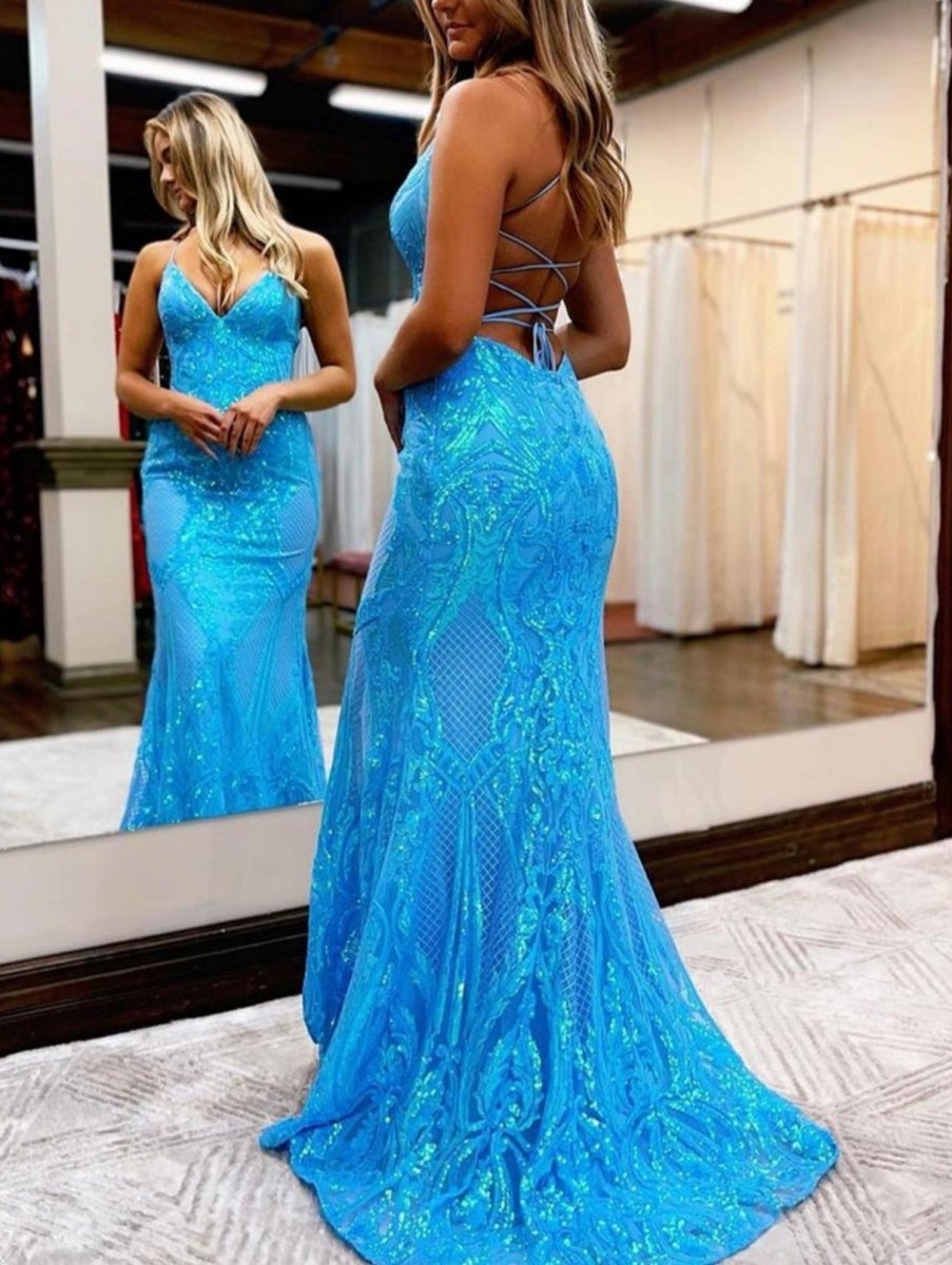 Spaghetti Straps Pink Glitter Backless Mermaid Bodycon Long Prom Dress