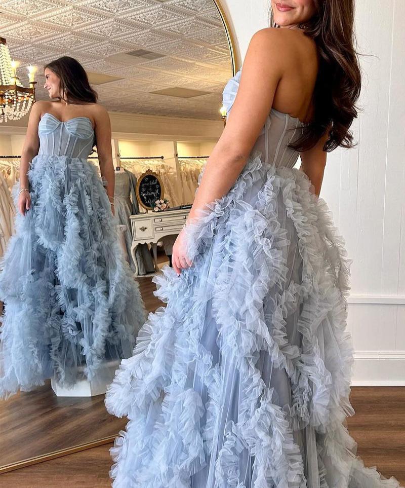 Blue Sweetheart Ruffle Tulle A-Line Long Prom Dresses with Slit