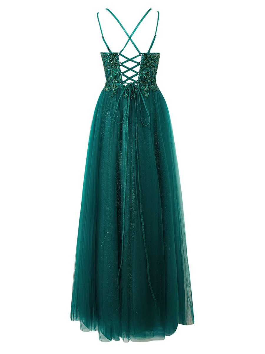 Yellow A-line Floor Length Glitter Tulle Prom Dress