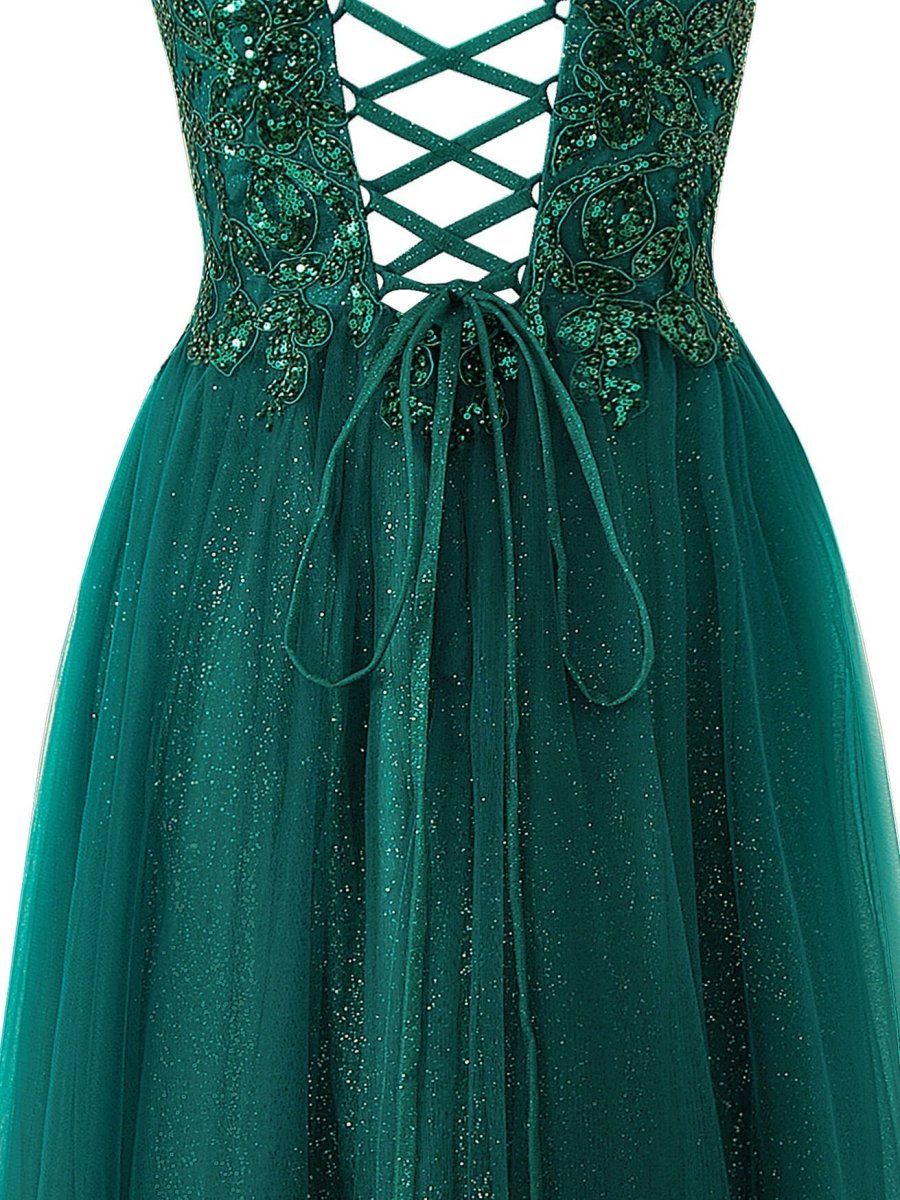 Yellow A-line Floor Length Glitter Tulle Prom Dress