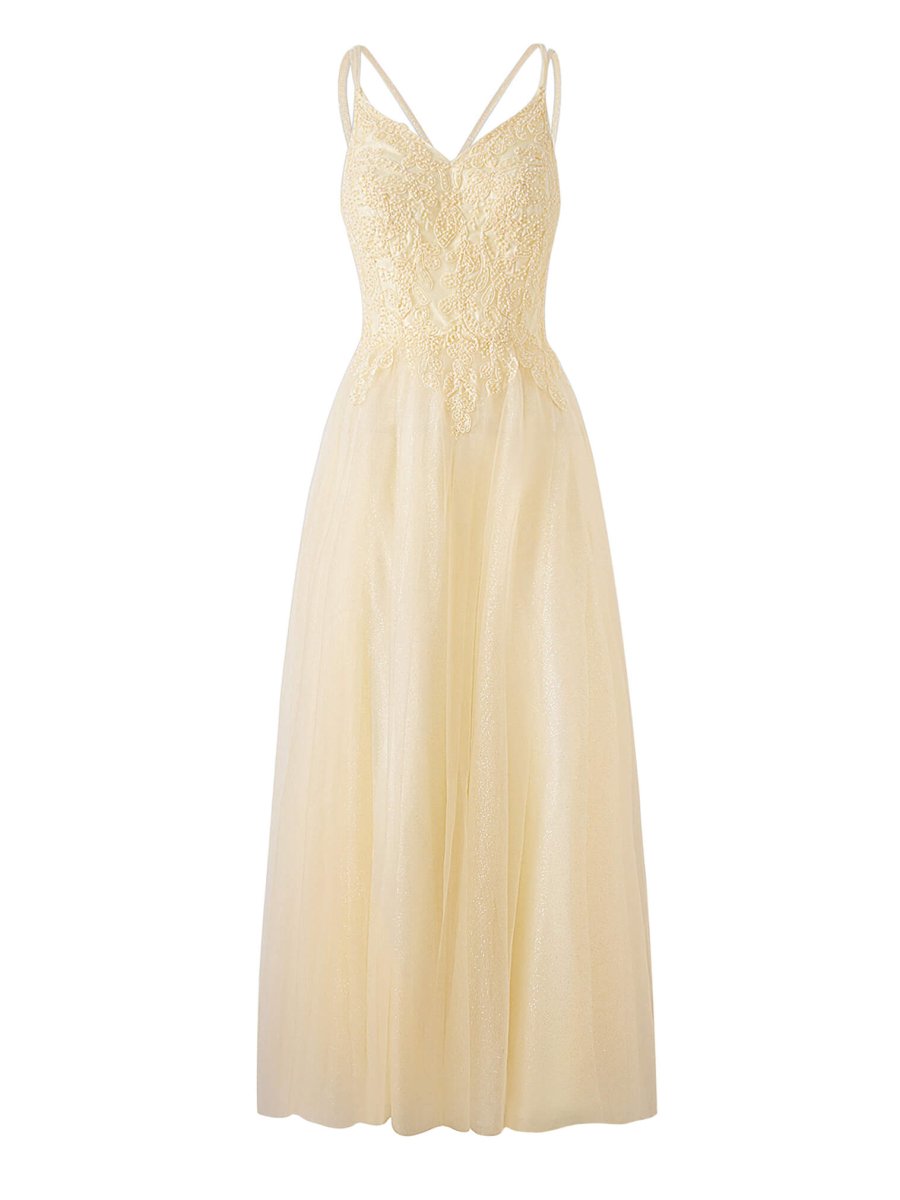 Yellow A-line Floor Length Glitter Tulle Prom Dress