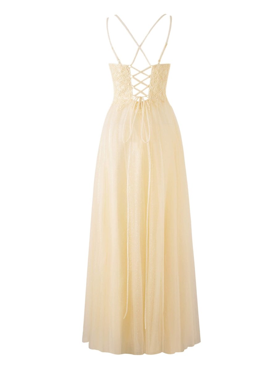 Yellow A-line Floor Length Glitter Tulle Prom Dress
