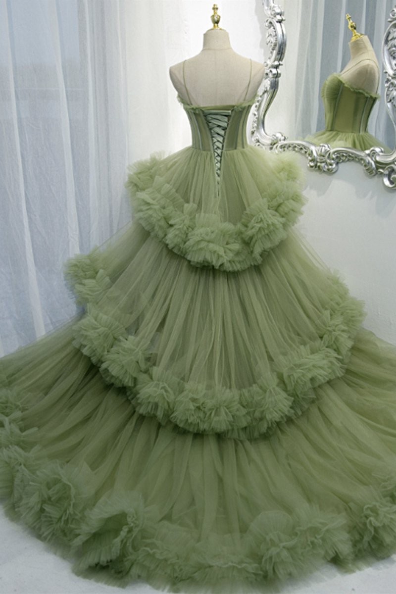 A-line Spaghetti Straps Pleated Tulle Prom Dress