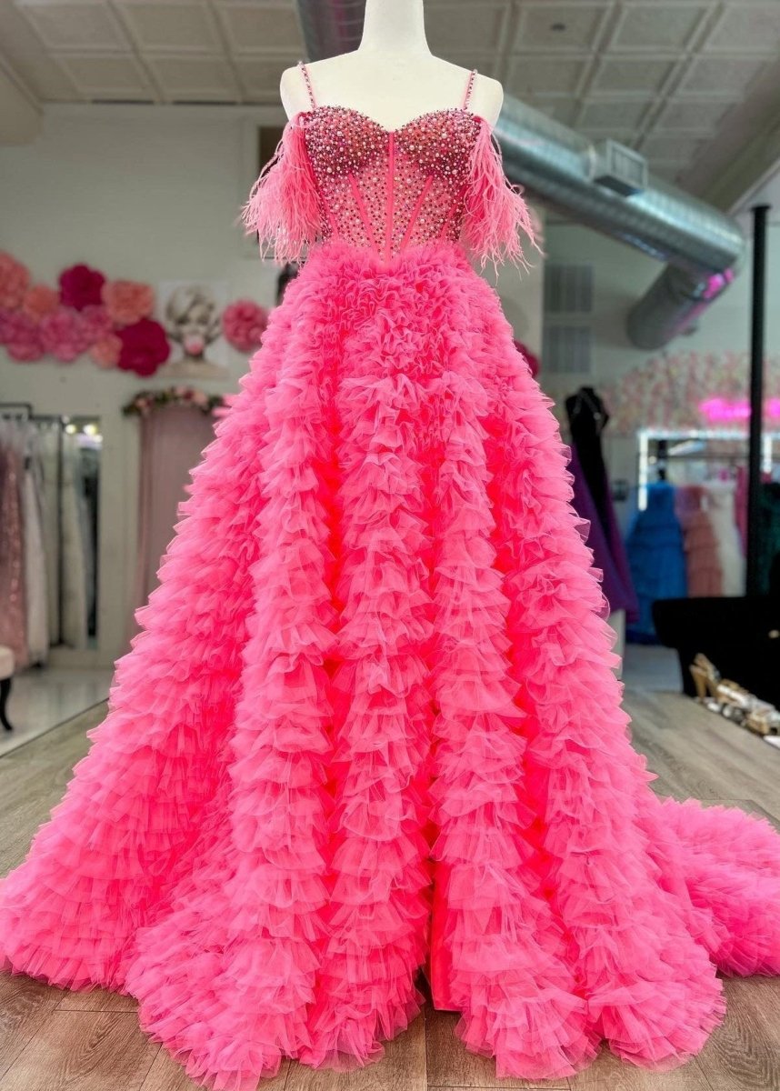 A Line Off the Shoulder Tiered Tulle Prom Dress With Slit