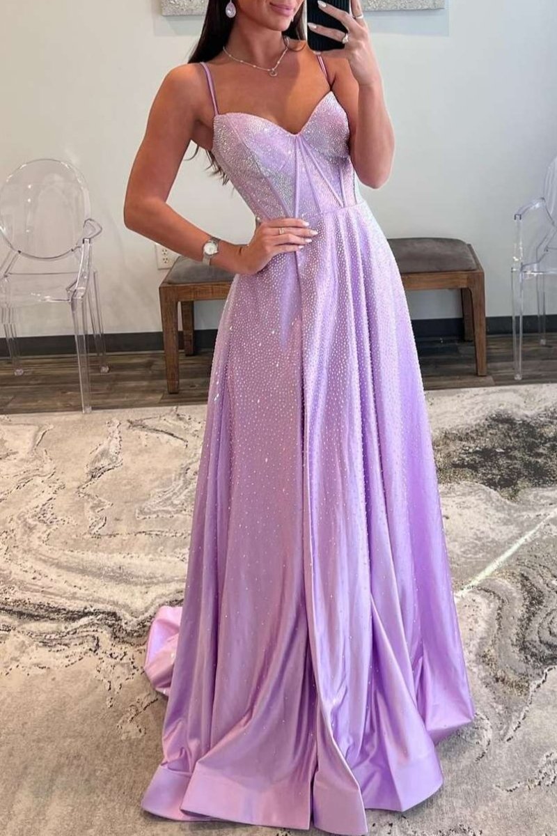 Spaghetti Straps Lilac Corset A-Line Prom Dress with Rhinestones