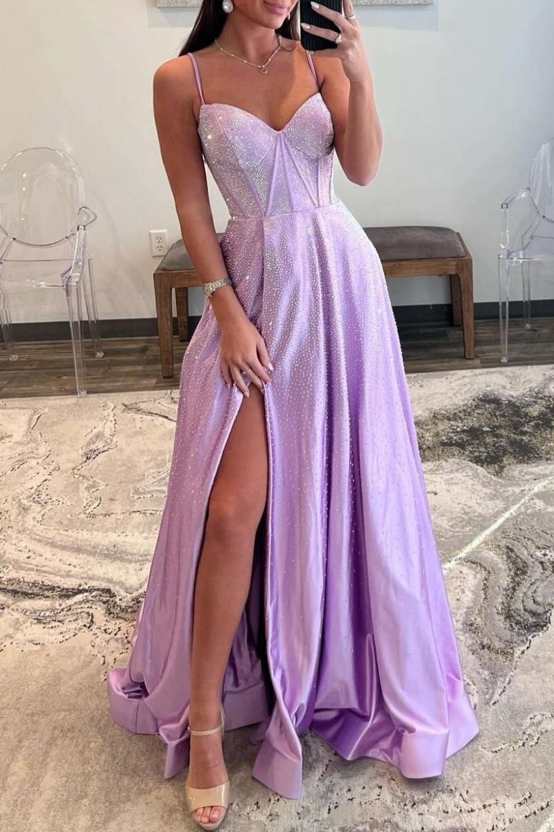 Spaghetti Straps Lilac Corset A-Line Prom Dress with Rhinestones