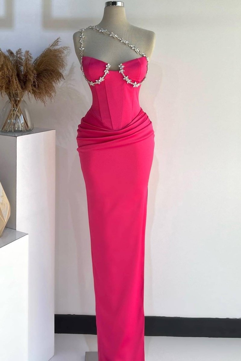 Hot Pink One Shoulder Rhinestones Pleated Long Prom Dresses
