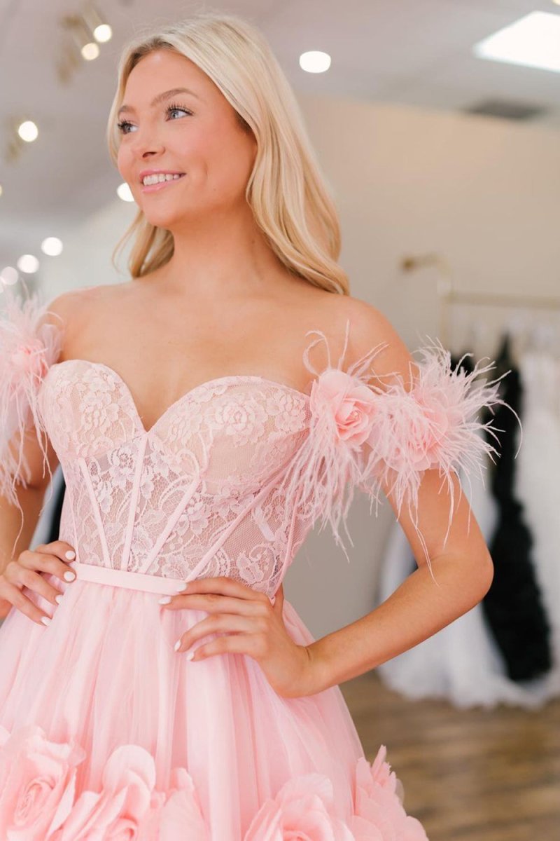 PRINCESS A-LINE OFF THE SHOULDER LACE TULLE PROM DRESS