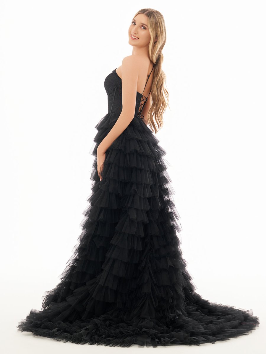 A Line One Shoulder Tiered Long Prom Dress