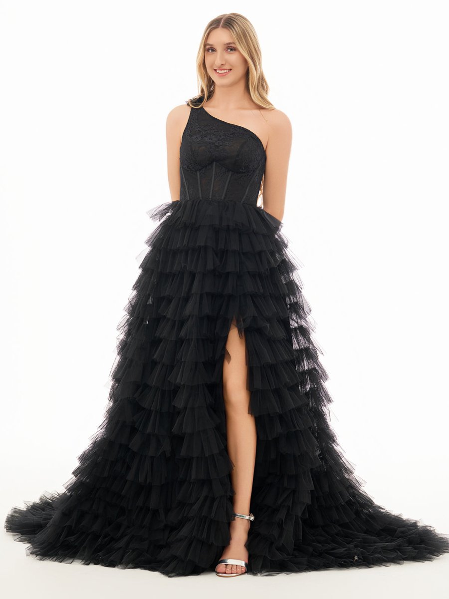A Line One Shoulder Tiered Long Prom Dress
