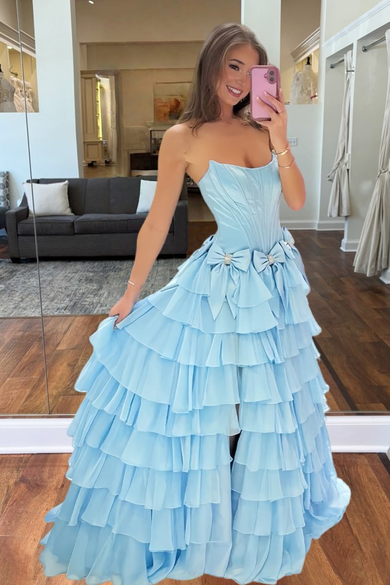 Sky Blue - Strapless A Line Chiffon Tiered Prom Dresses With Bowknot
