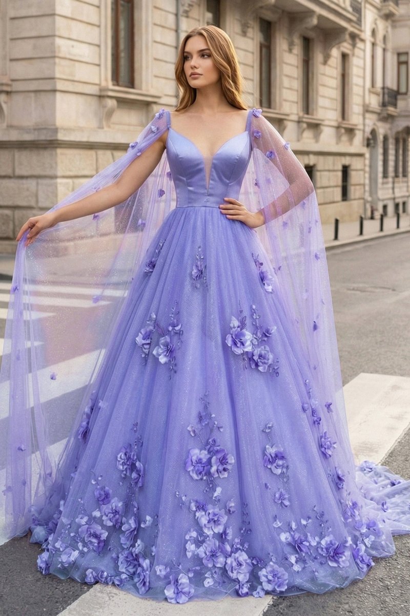 Lavender 3D Floral Lace A-Line Prom Dress with Cape Sleeves