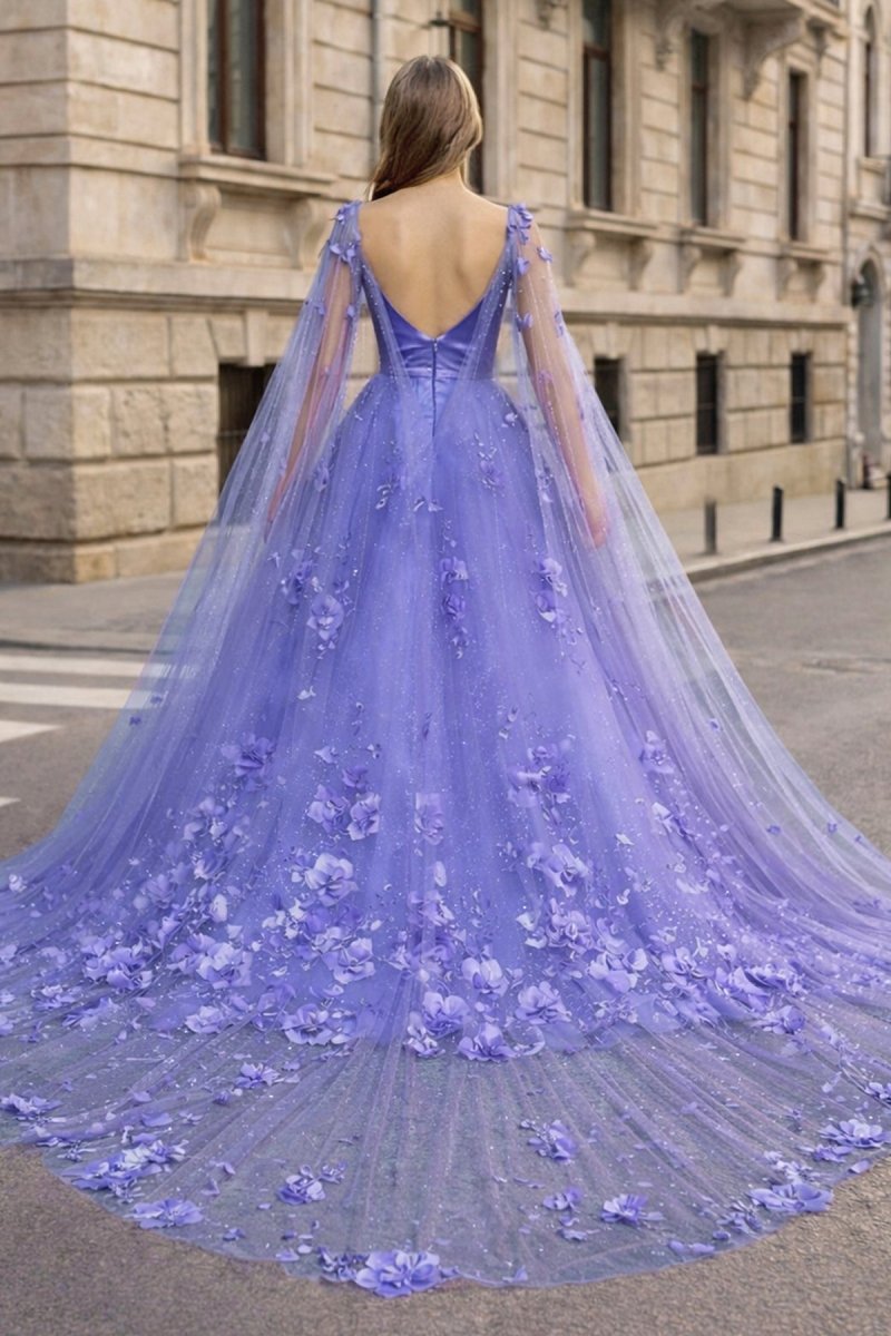 Lavender 3D Floral Lace A-Line Prom Dress with Cape Sleeves