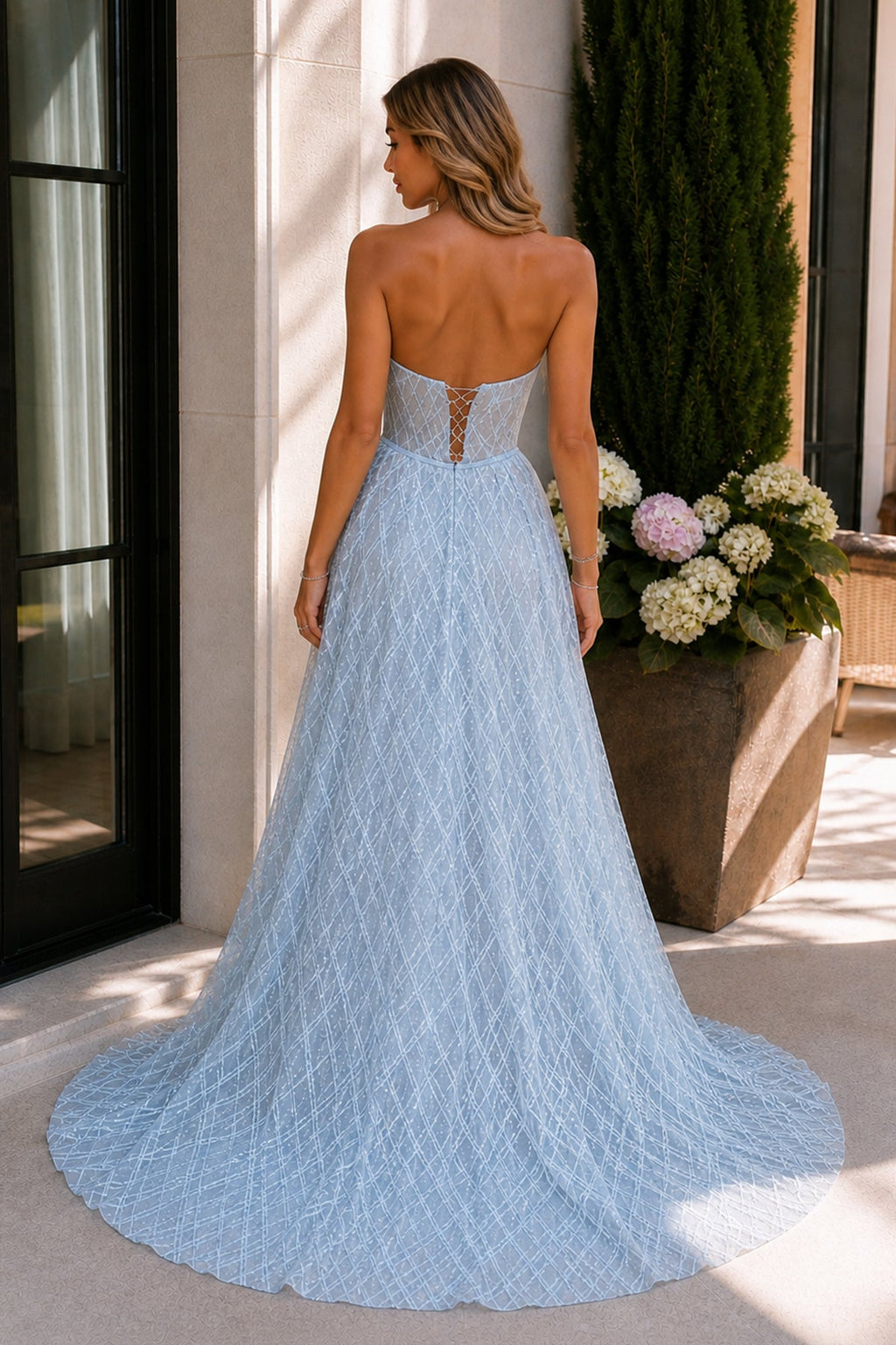 A-line Strapless Blue Long Prom Dresses Unique Evening Dress
