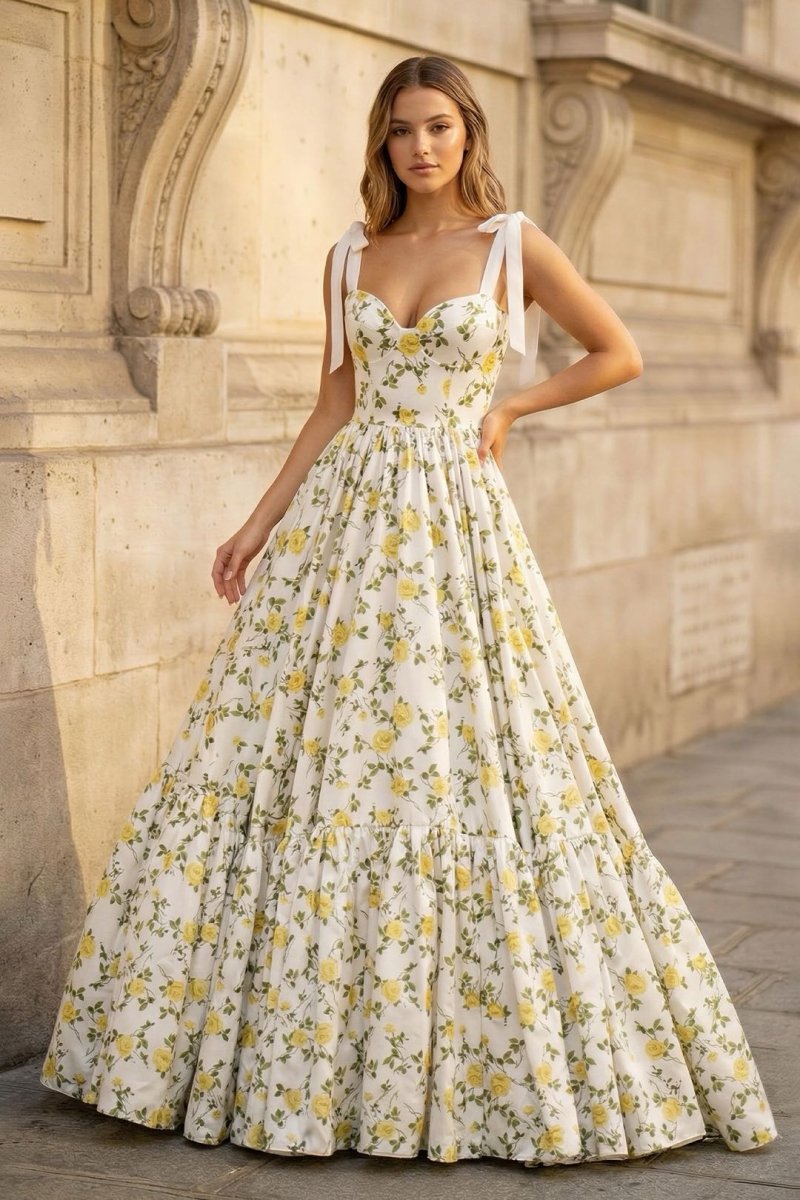 A-Line Spaghetti Straps Floral Printed Satin Long Prom Dresses