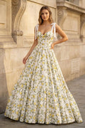 A-Line Spaghetti Straps Floral Printed Satin Long Prom Dresses
