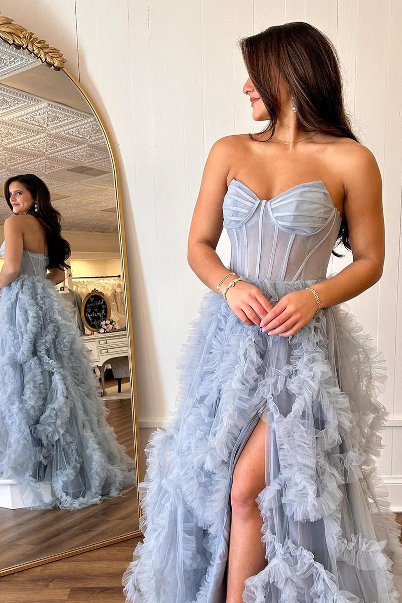 Blue Sweetheart Ruffle Tulle A-Line Long Prom Dresses with Slit