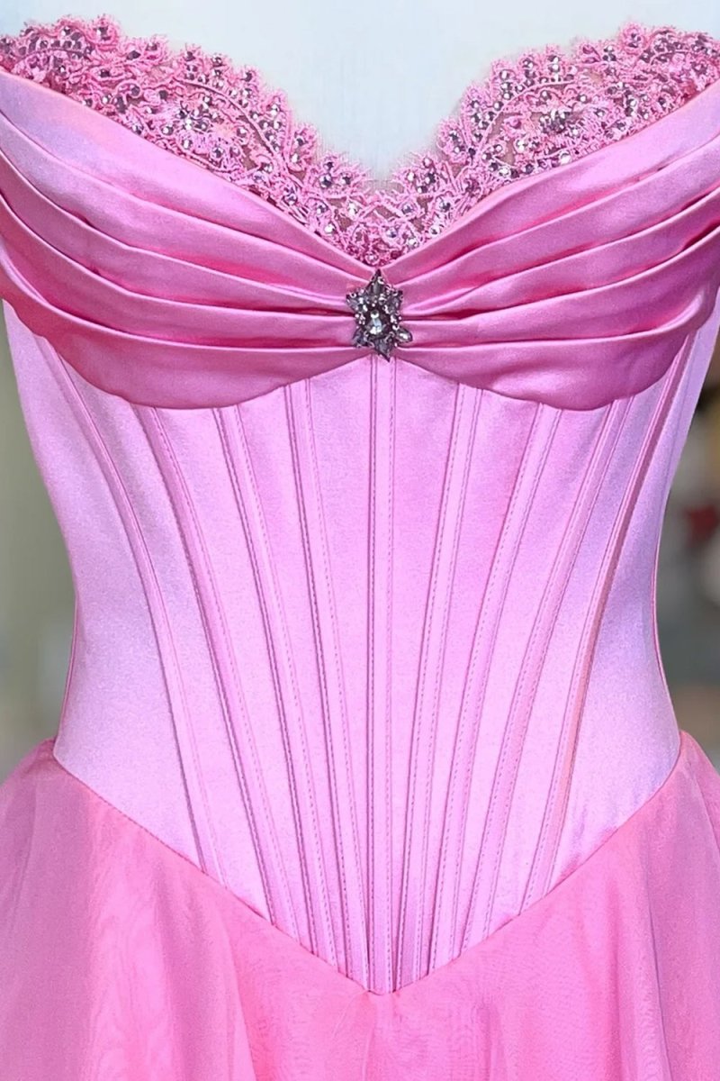 Pink Sweetheart A Line Chiffon Ruffled Long Formal Prom Dresses With Beading