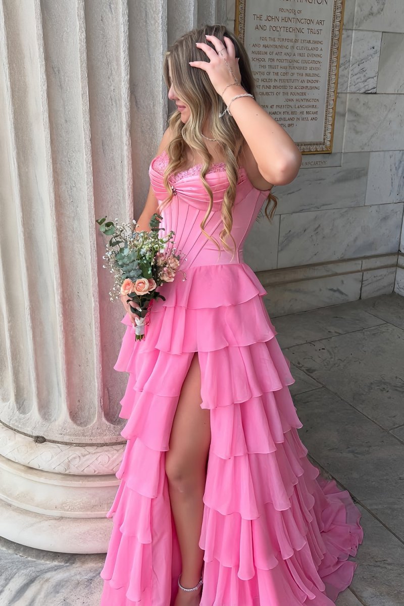 Pink Sweetheart A Line Chiffon Ruffled Long Formal Prom Dresses With Beading