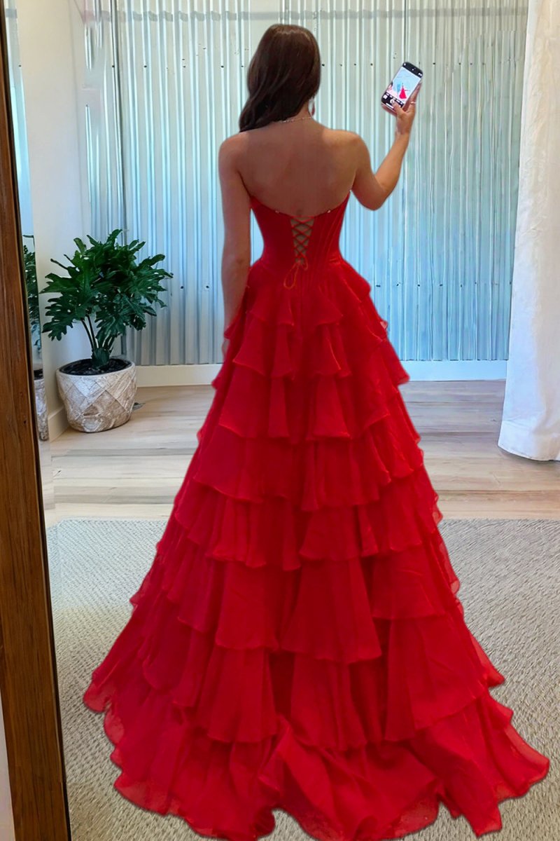 Pink Sweetheart A Line Chiffon Ruffled Long Formal Prom Dresses With Beading