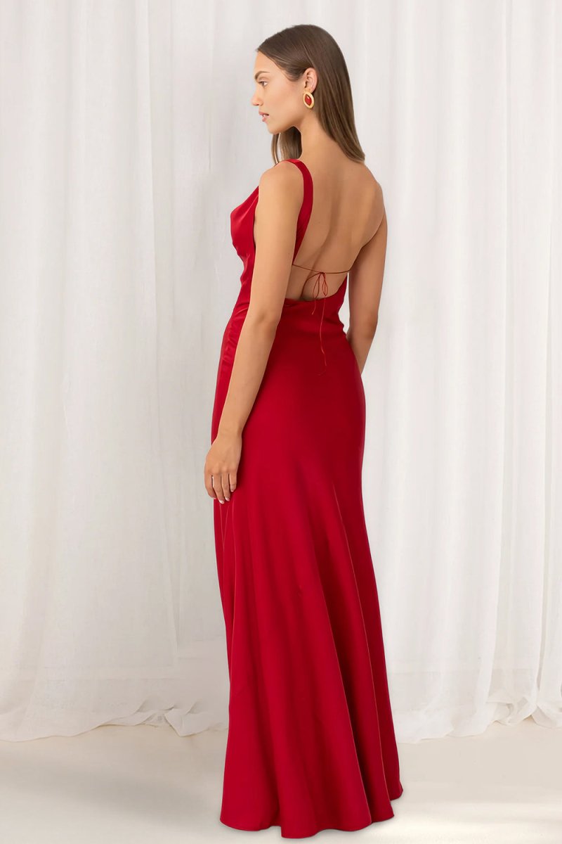 Red Cowl Neck Sleeveless Sheath Satin Backless Long Prom Dresses