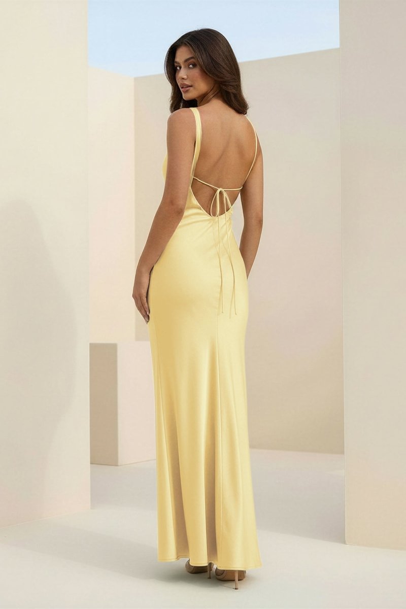 Red Cowl Neck Sleeveless Sheath Satin Backless Long Prom Dresses