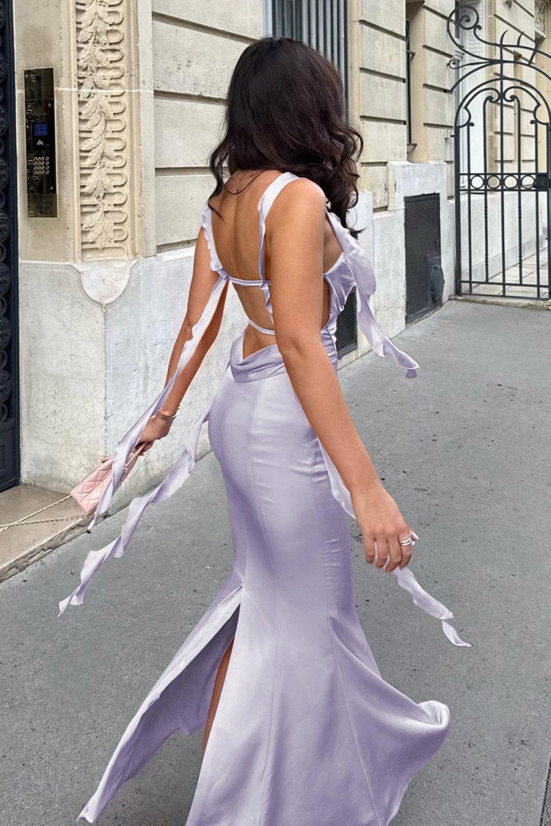 Pink Cowl Neck Sheath Satin Open Back Formal Prom Dresses With Ruffles