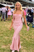 Pink Cowl Neck Sheath Satin Open Back Formal Prom Dresses With Ruffles