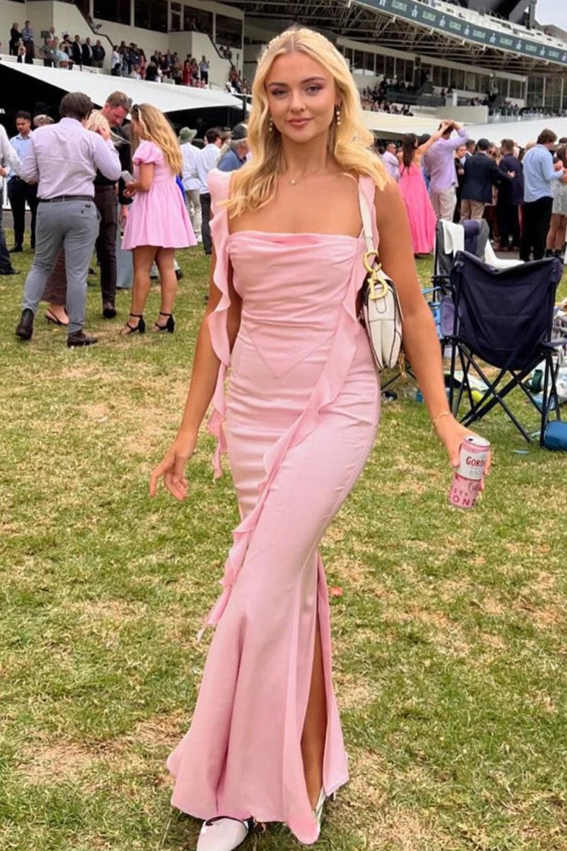 Pink Cowl Neck Sheath Satin Open Back Formal Prom Dresses With Ruffles