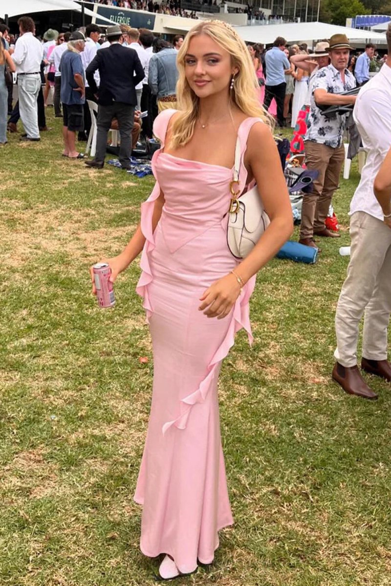Pink Cowl Neck Sheath Satin Open Back Formal Prom Dresses With Ruffles