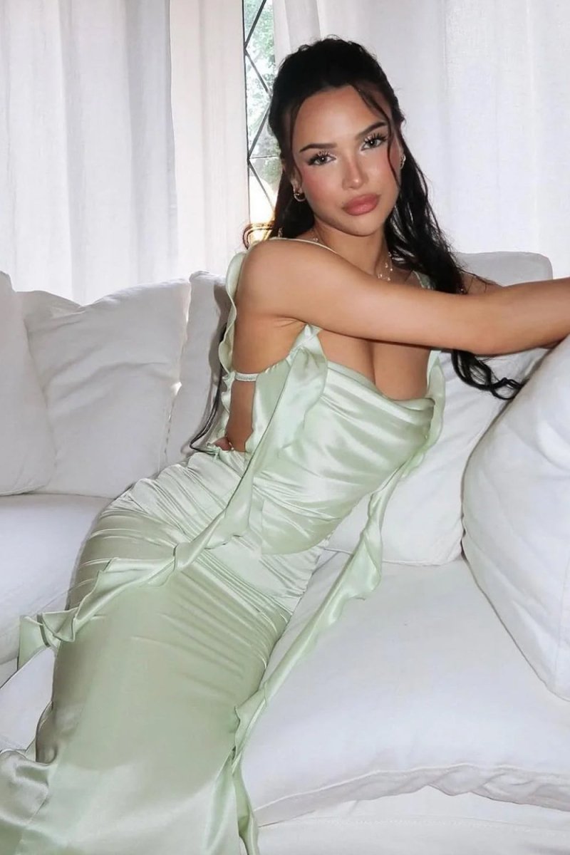 Pink Cowl Neck Sheath Satin Open Back Formal Prom Dresses With Ruffles