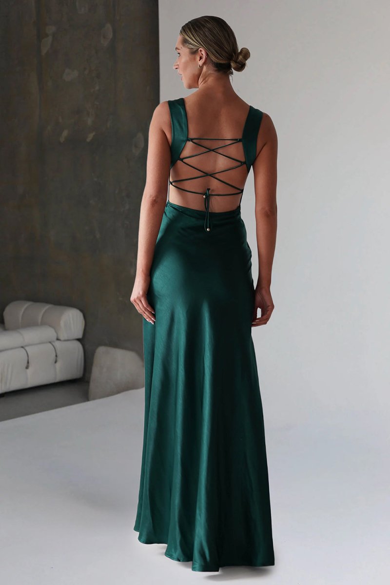 Red A-Line Square Neck Satin Long Prom Dresses with Slit