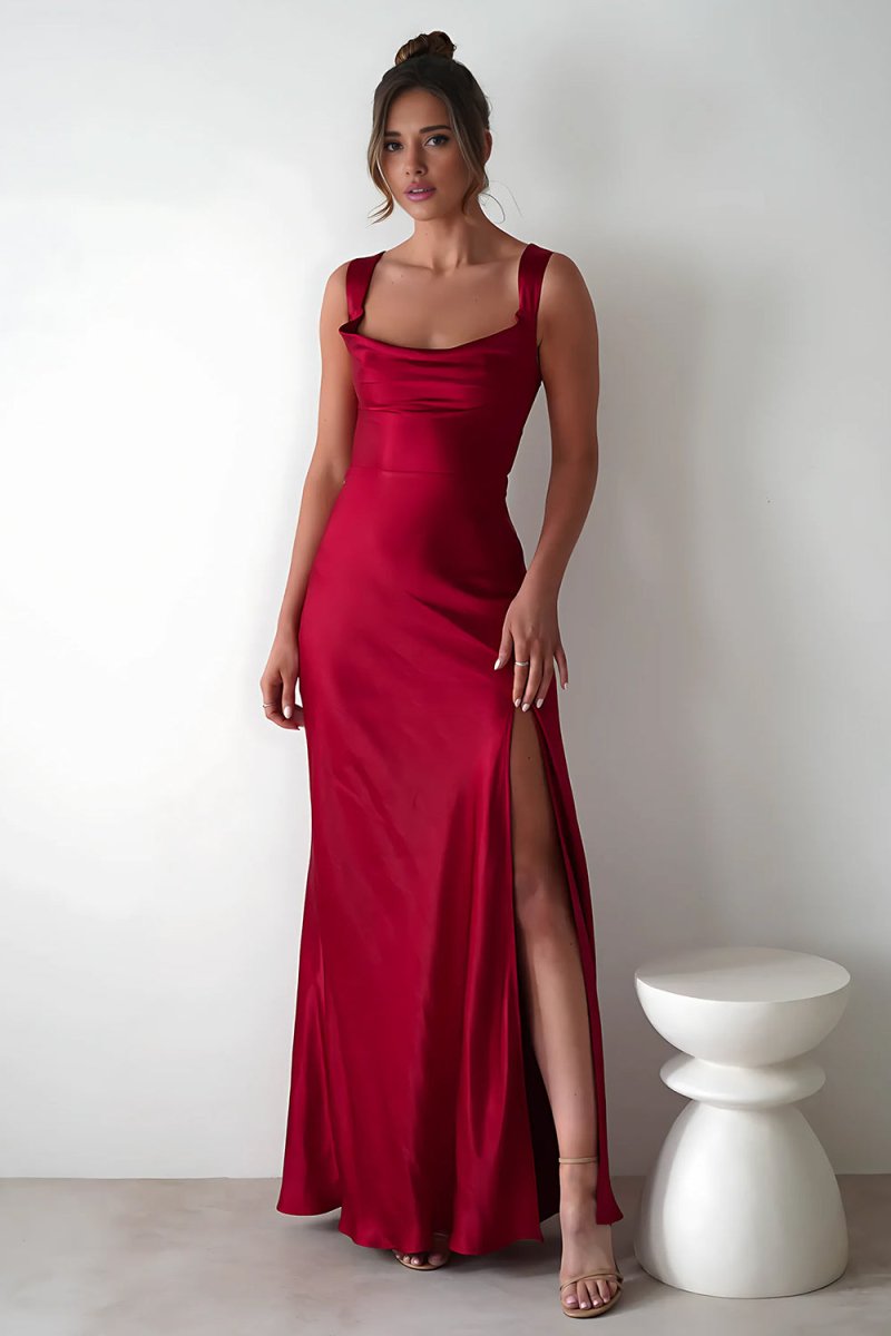 Red A-Line Square Neck Satin Long Prom Dresses with Slit