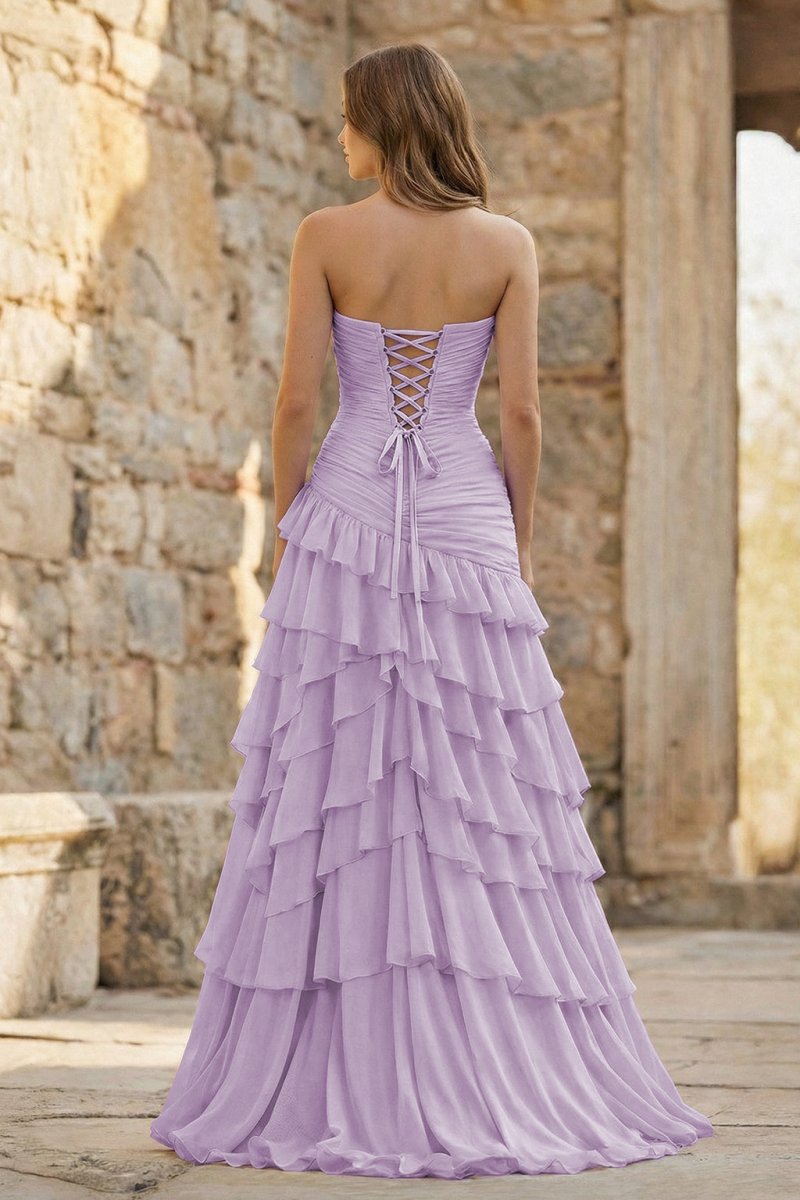 Ruched Ruffle Fitted Yellow Long Prom Dress with Slit