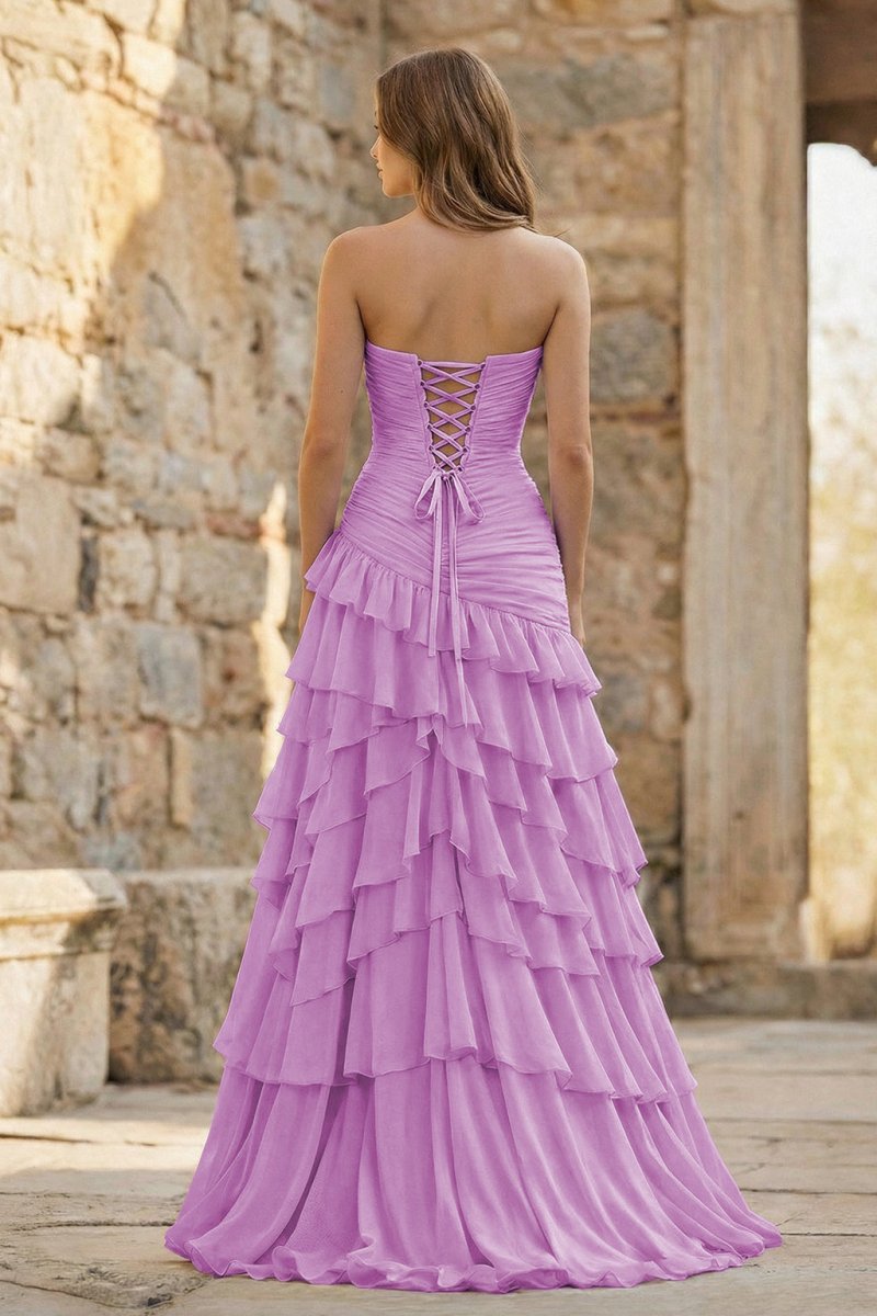 Ruched Ruffle Fitted Yellow Long Prom Dress with Slit