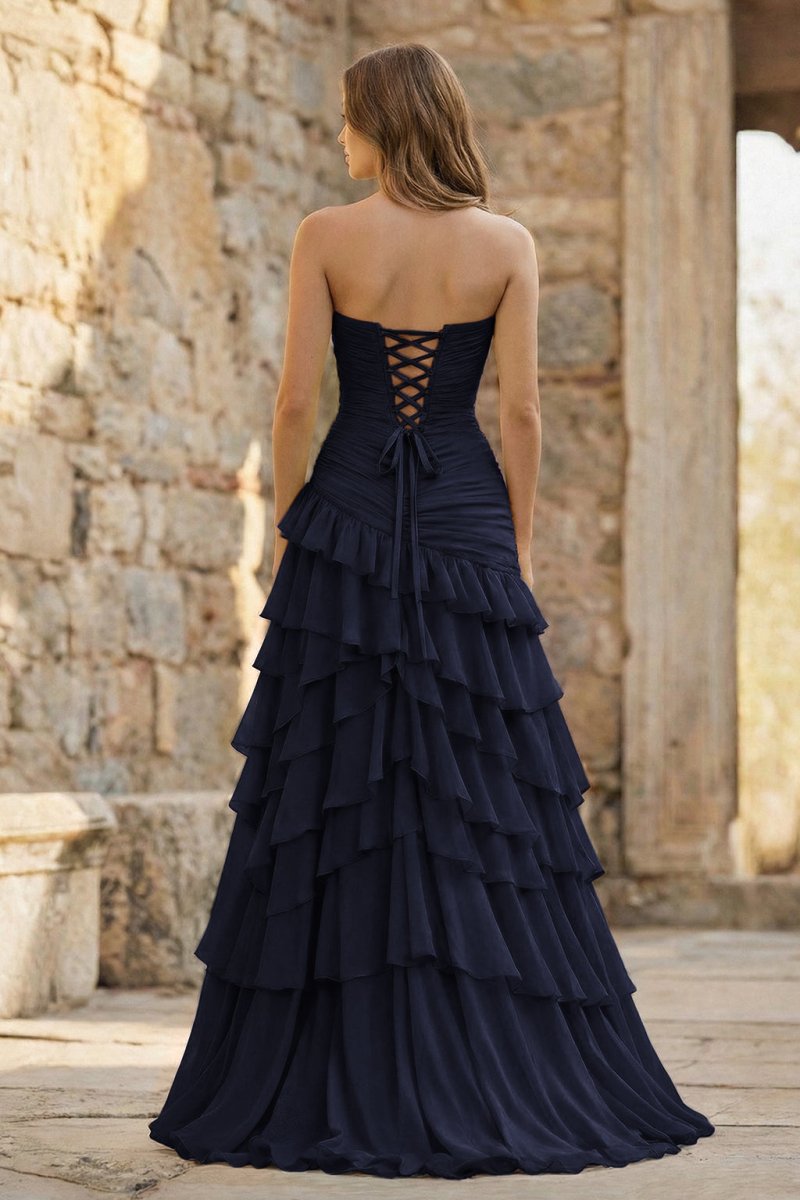Ruched Ruffle Fitted Yellow Long Prom Dress with Slit