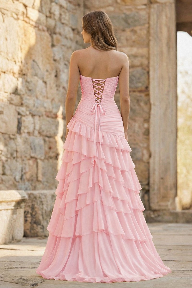 Ruched Ruffle Fitted Yellow Long Prom Dress with Slit