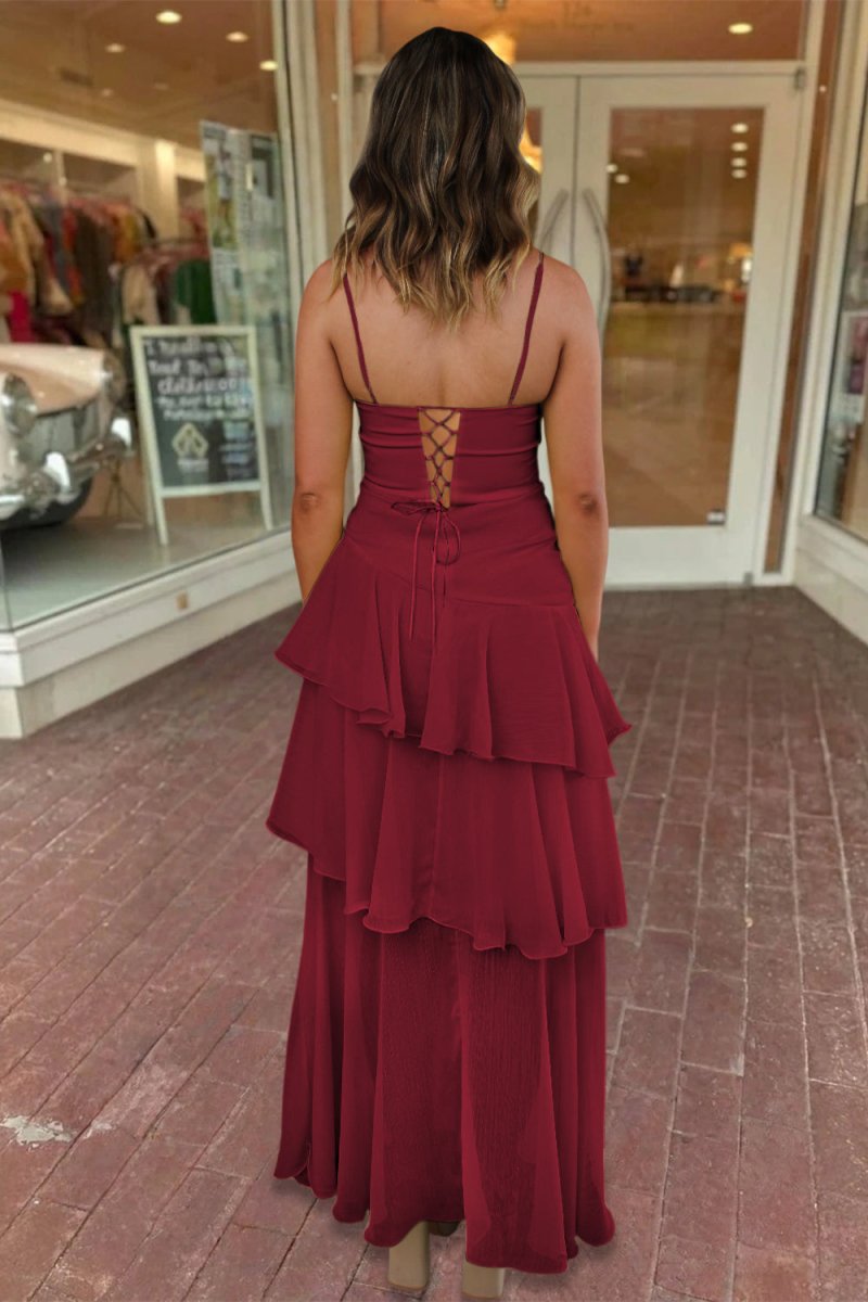 Yellow Spaghetti Straps Sheath Chiffon Pleated Formal Prom Dresses With Ruffles