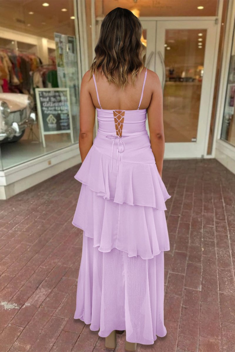 Yellow Spaghetti Straps Sheath Chiffon Pleated Formal Prom Dresses With Ruffles